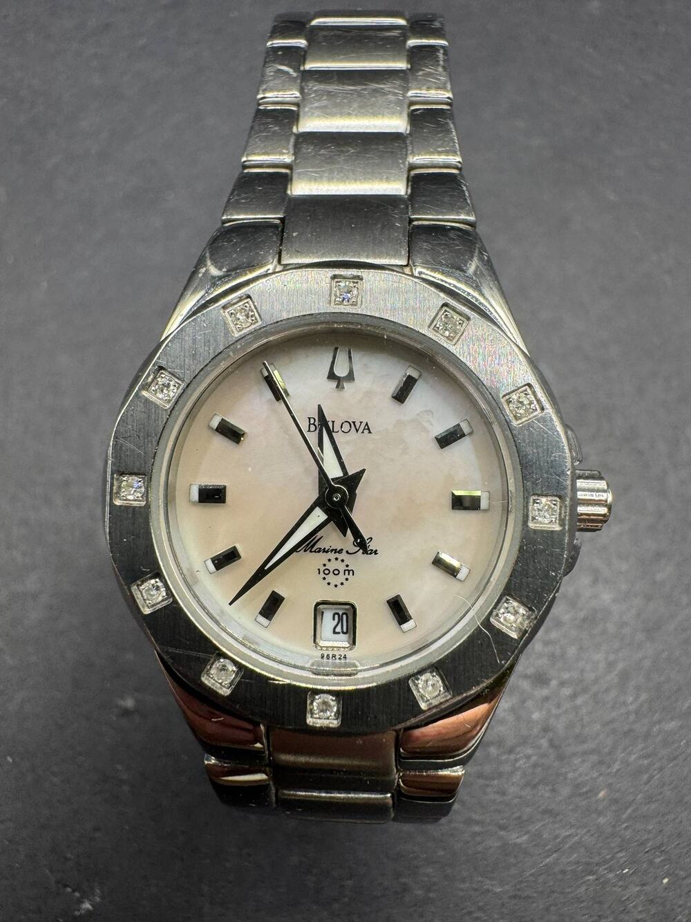 Bulova Marine Star 96R24 Women's Diamond Bezel Stainless Steel Watch Date 100M